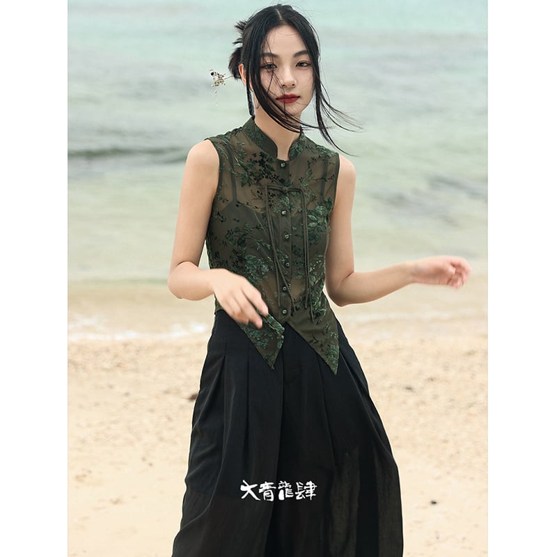 【大青龍肆シリーズ】チャイナ風トップス Tシャツ ショート丈 ノースリーブ グリーン 気質アップ 不規則デザイン