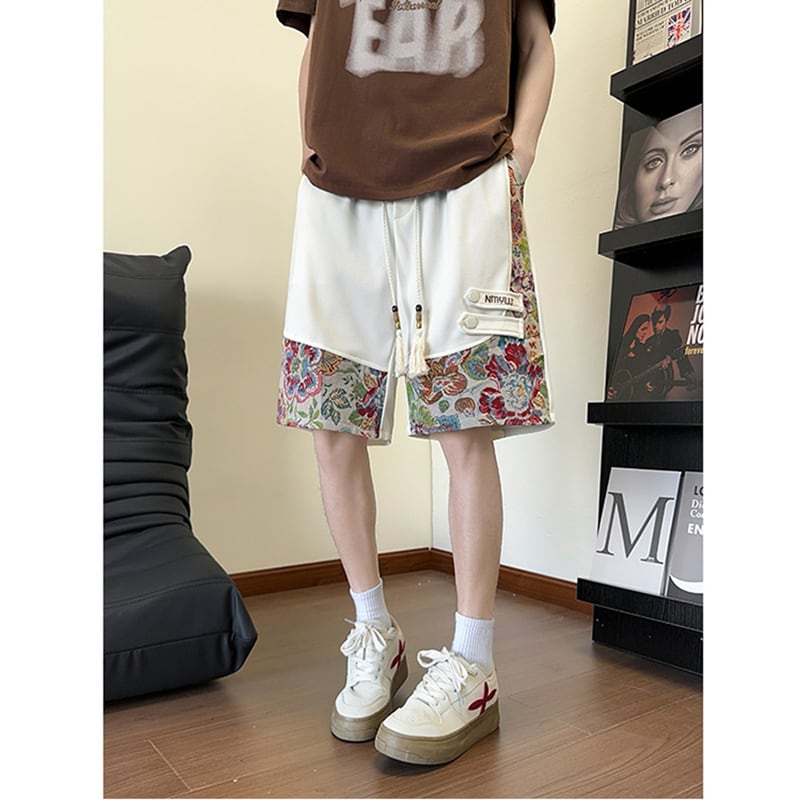 【ZHEYUANシリーズ】チャイナ風ズボン 3色 ボトムス ショートパンツ 男女兼用 大きいサイズ 花柄 切り替え