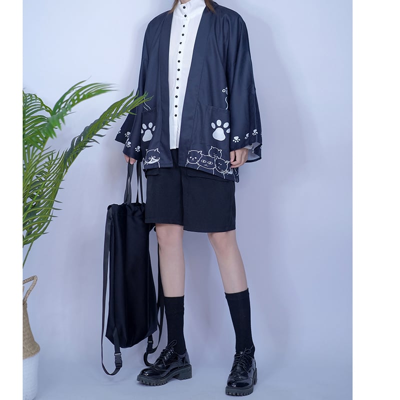 【倉寶兒屋シリーズ】チャイナ風法被 猫柄プリント 夏服 薄手 ブラック ライトグレー 2色