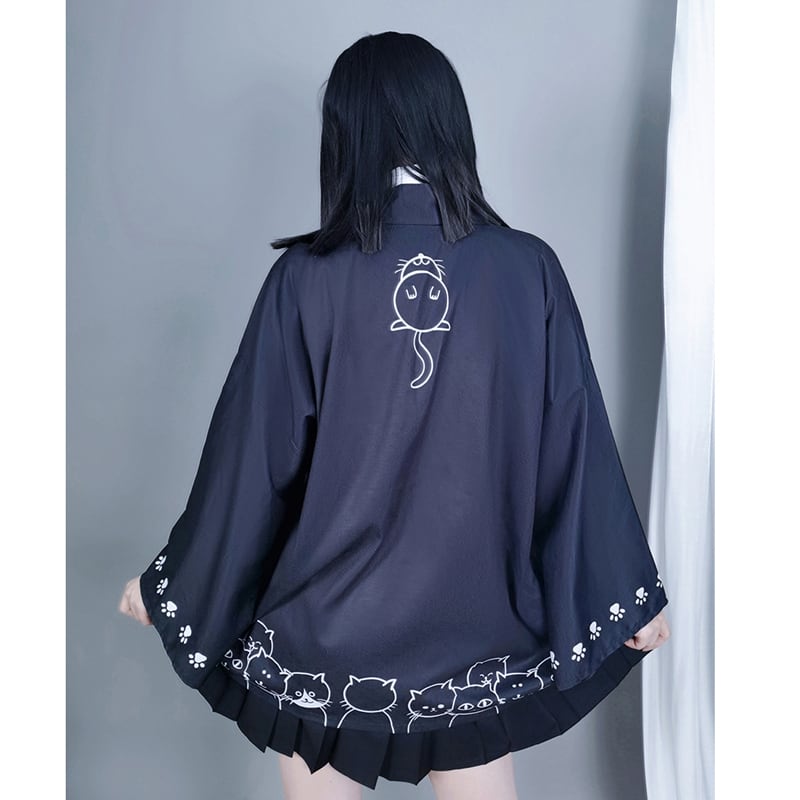 【倉寶兒屋シリーズ】チャイナ風法被 猫柄プリント 夏服 薄手 ブラック ライトグレー 2色