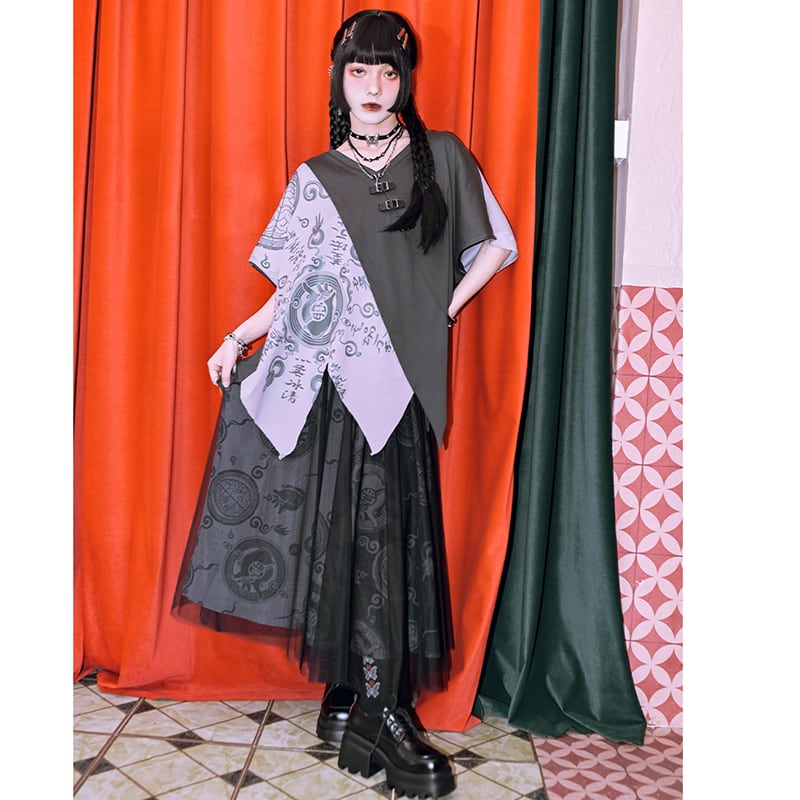 【古怪舍---清心訣シリーズ】★チャイナ風トップス★ 半袖 Tシャツ 個性的 オリジナル 不規則 コットン プリント