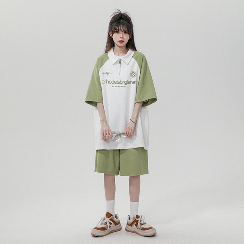 【藤伊曼シリーズ】★セットアップ★ 4色 POLOシャツ + 短パン 男女兼用 メンズ 大きいサイズ 配色 可愛い
