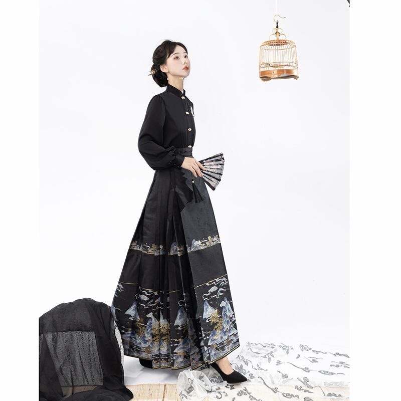【喚初---明月松間照シリーズ】チャイナ風トップス 長袖 半袖 刺繍 中華服 シャツ 可愛い ブラック 黒色
