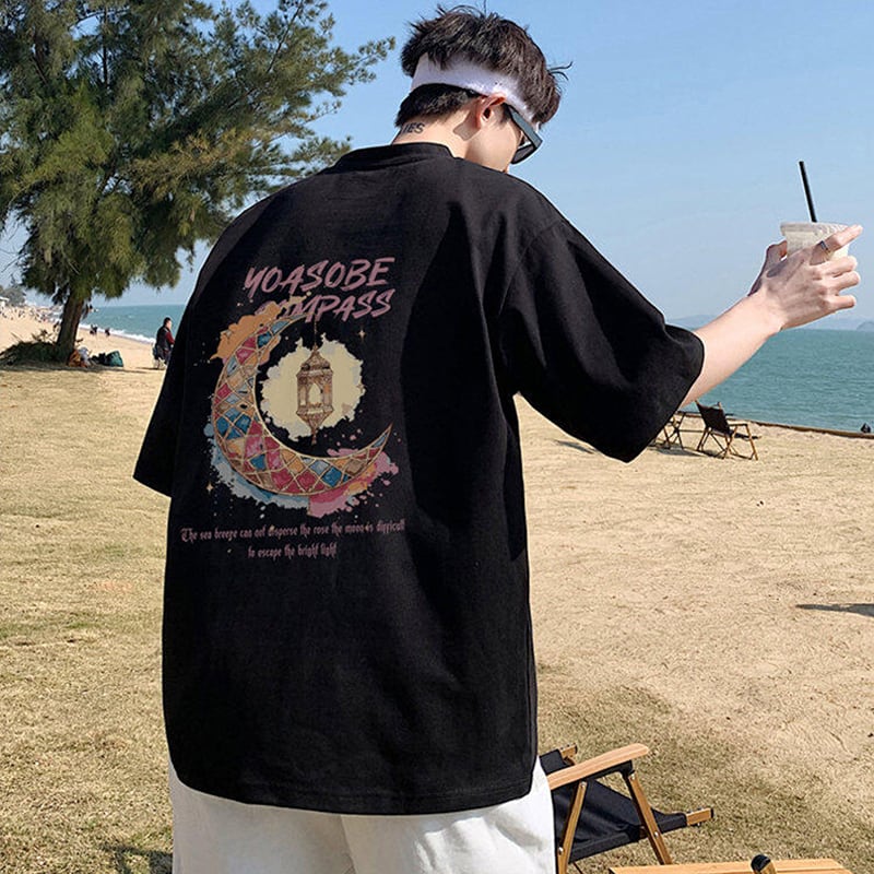 【PGリーズ】6色展開 半袖Tシャツ 月柄 男女兼用 大きいサイズ コットン トップス