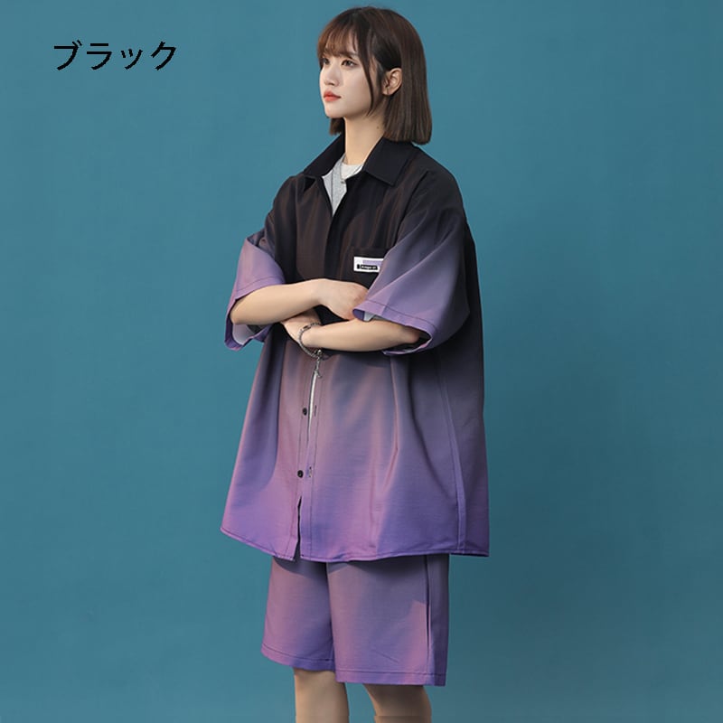 【藤伊曼シリーズ】4色 シャツ+短パン セットアップ 半袖 男女兼用 大きいサイズ グラデーション