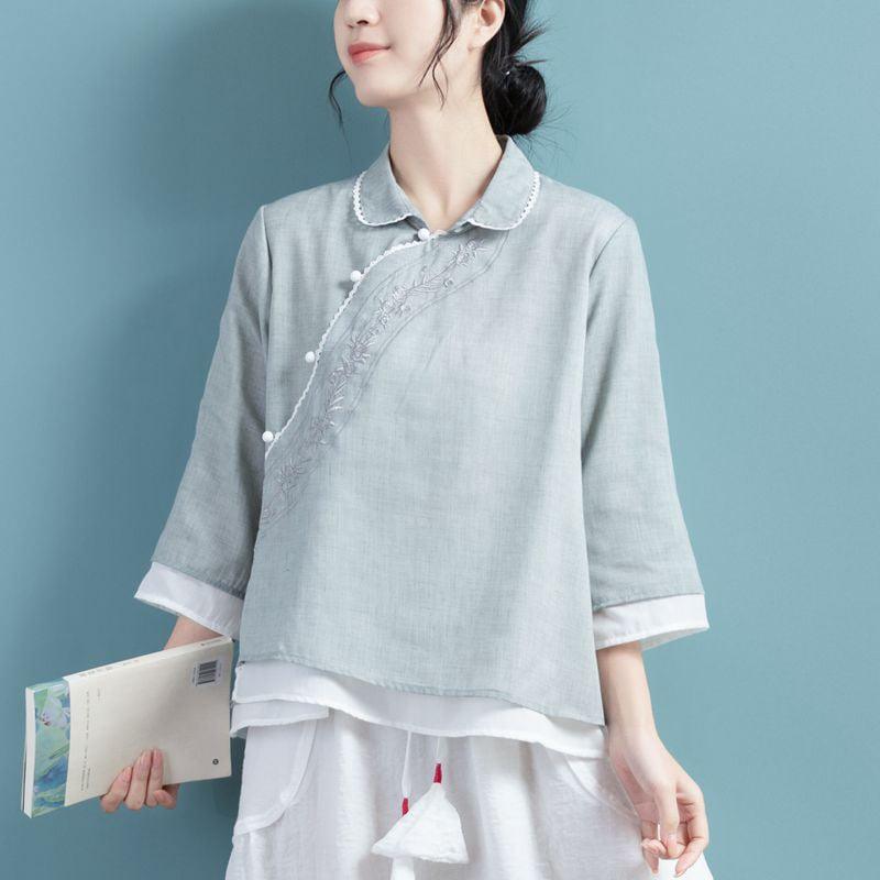 【清裊シリーズ】★チャイナ風トップス★ 5COLOR 夏 刺繍 青緑色 グレー ホワイト パープル ピンク - ChinChic