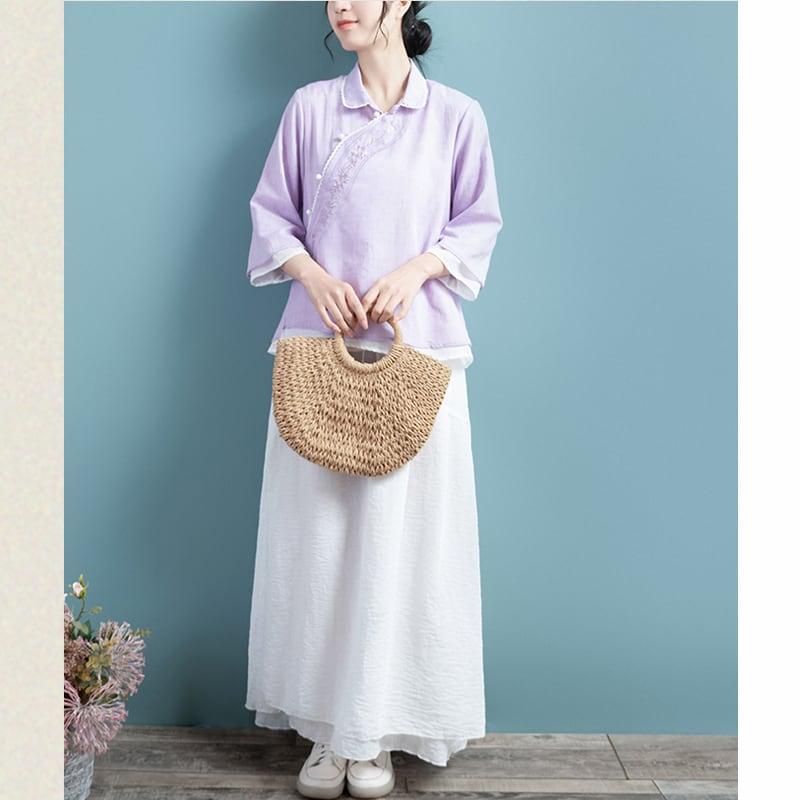 【清裊シリーズ】★チャイナ風トップス★ 5COLOR 夏 刺繍 青緑色 グレー ホワイト パープル ピンク - ChinChic