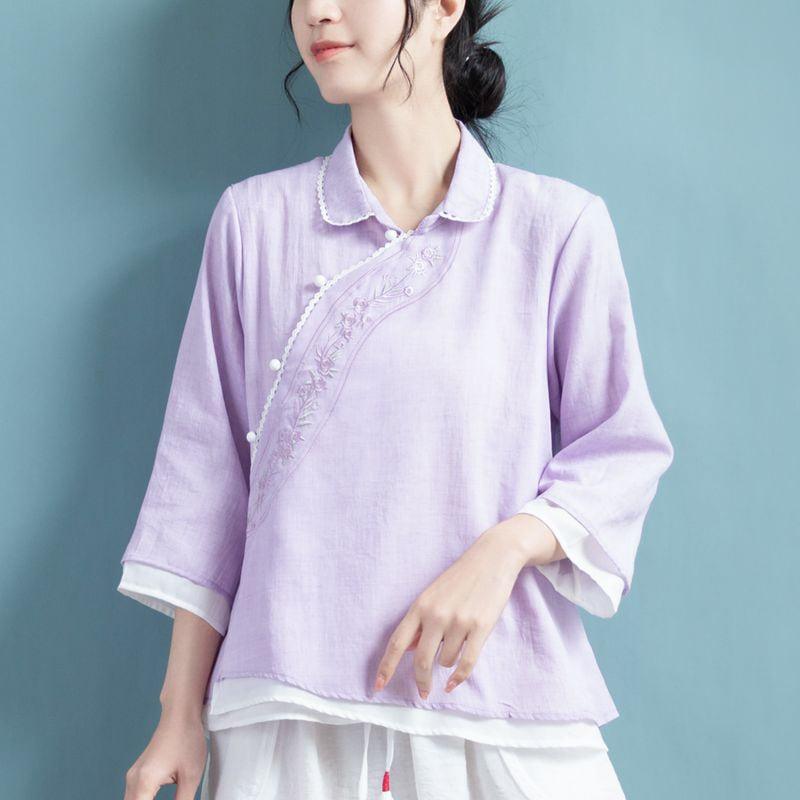 【清裊シリーズ】★チャイナ風トップス★ 5COLOR 夏 刺繍 青緑色 グレー ホワイト パープル ピンク - ChinChic