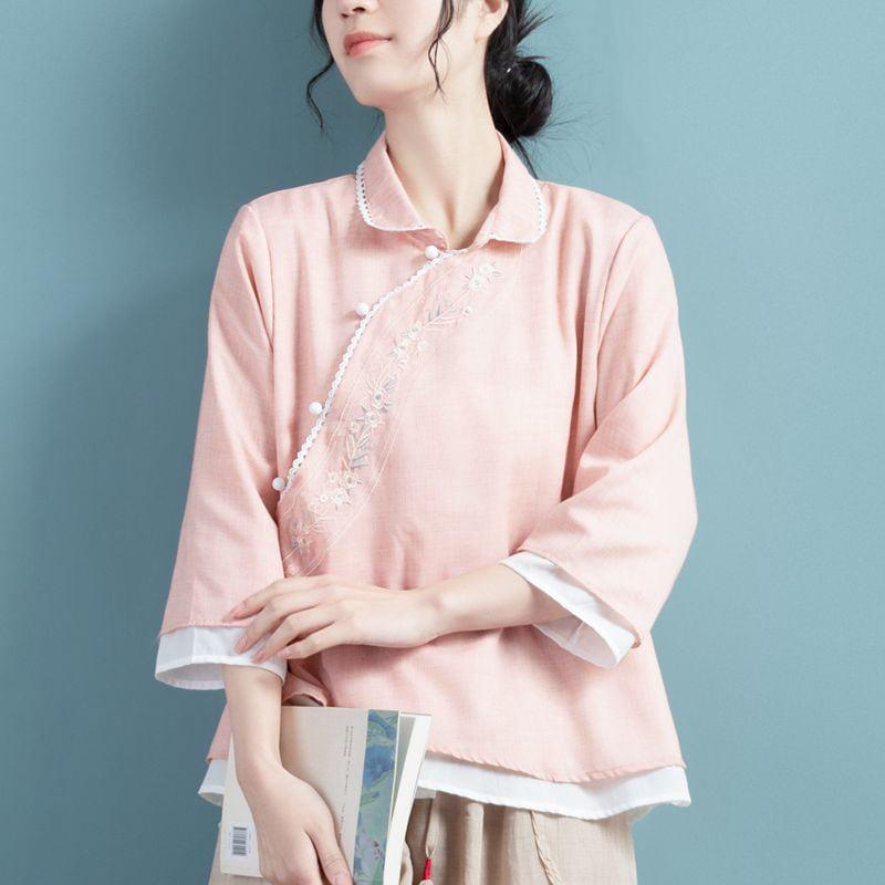 【清裊シリーズ】★チャイナ風トップス★ 5COLOR 夏 刺繍 青緑色 グレー ホワイト パープル ピンク - ChinChic
