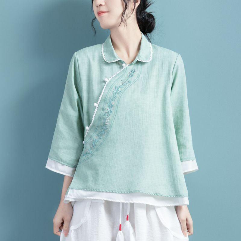 【清裊シリーズ】★チャイナ風トップス★ 5COLOR 夏 刺繍 青緑色 グレー ホワイト パープル ピンク - ChinChic