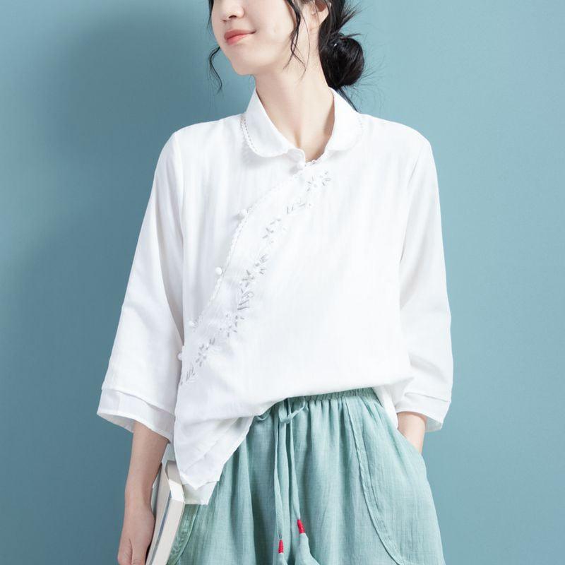 【清裊シリーズ】★チャイナ風トップス★ 5COLOR 夏 刺繍 青緑色 グレー ホワイト パープル ピンク - ChinChic