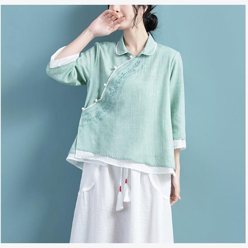 【清裊シリーズ】★チャイナ風トップス★ 5COLOR 夏 刺繍 青緑色 グレー ホワイト パープル ピンク - ChinChic