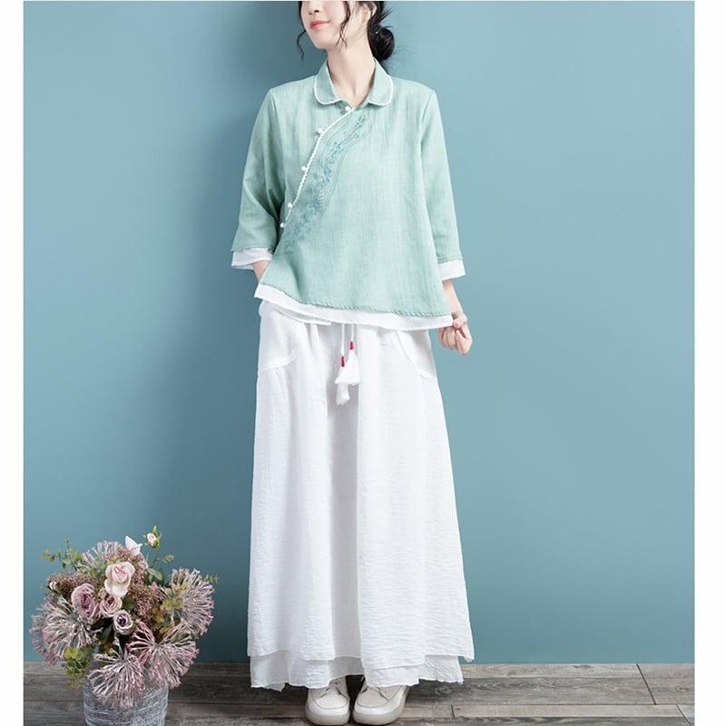 【清裊シリーズ】★チャイナ風トップス★ 5COLOR 夏 刺繍 青緑色 グレー ホワイト パープル ピンク - ChinChic