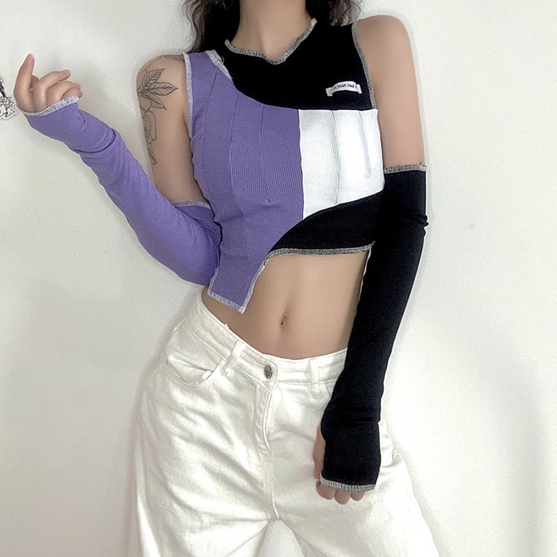 【KLIOUシリーズ】切り替えデザイン レディース Tシャツ おしゃれ セクシー ブラック パープル 不規則 トップス