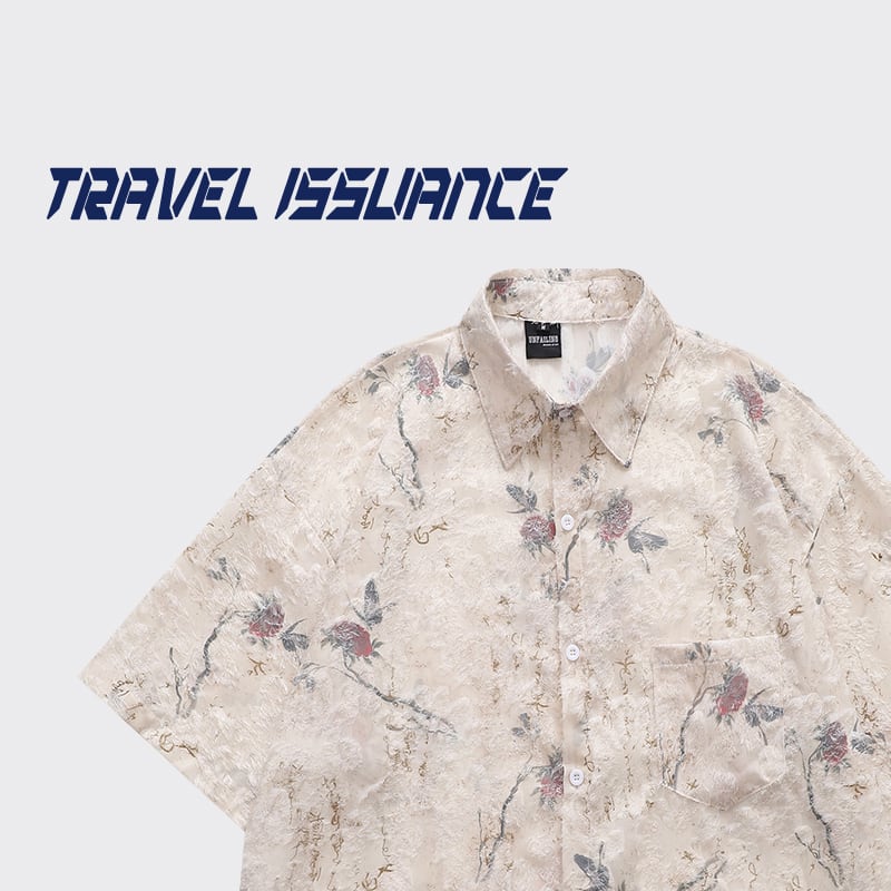 【TRAVEL ISSUANCE---獨枝鮮艷シリーズ】チャイナ風花柄シャツ 男女兼用 メンズ レトロ 半袖トップス