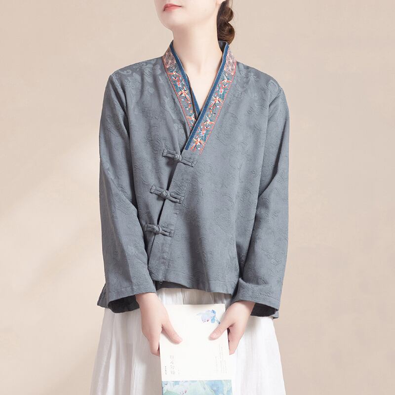 【清裊シリーズ】チャイナ風刺繍シャツ 長袖 Vネック レディース 4色展開 シャツアウター