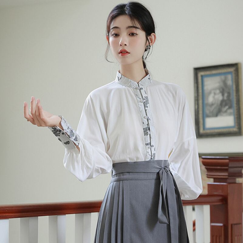 【WUJIAシリーズ】チャイナ風長袖シャツ トップス 漢元素 夏服 気質アップ S M L 切り替え