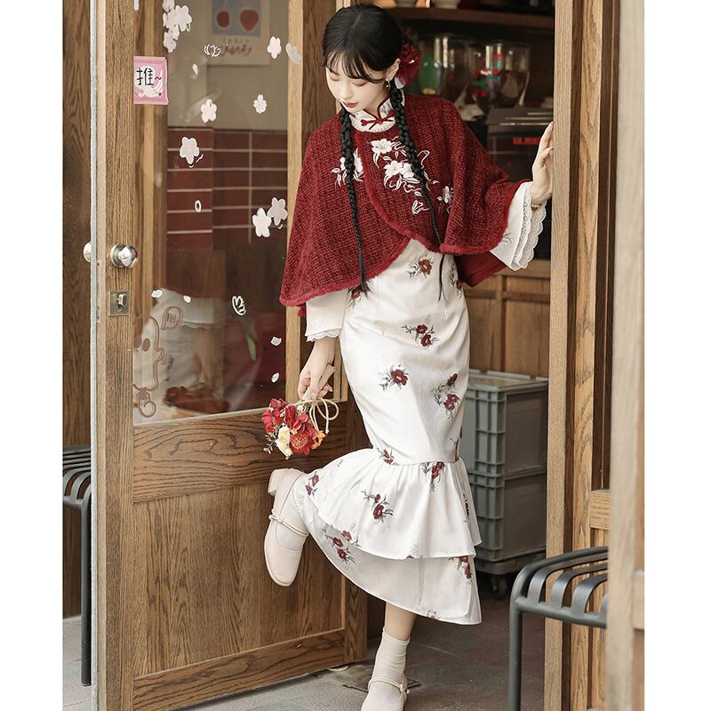 【塵煙雲夢---茶花曲シリーズ】チャイナ風 刺繍マント 中華服 プリント 可愛い ショート丈 レッド