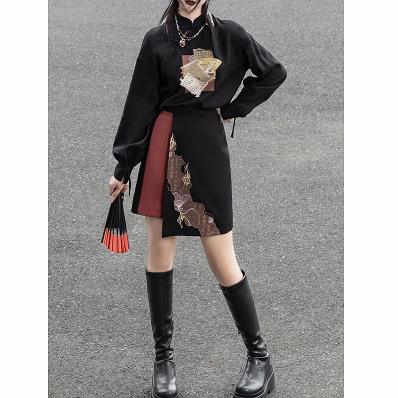 【雲鬢斜簪シリーズ】★チャイナ風トップス★ 中華服 漢字柄 プリント オリジナル 合わせやすい