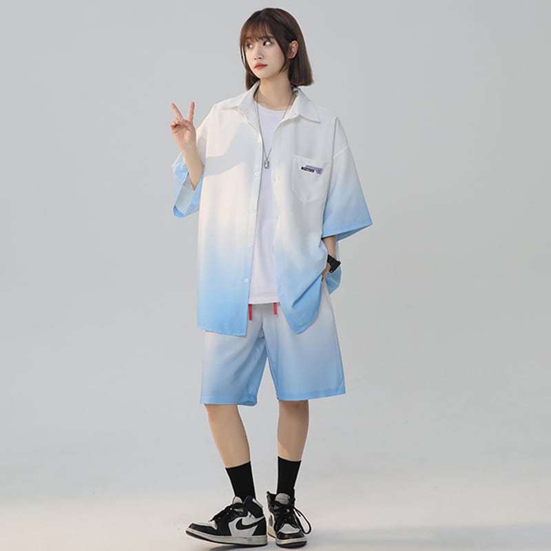 【藤伊曼シリーズ】4色 シャツ+短パン セットアップ 半袖 男女兼用 大きいサイズ グラデーション