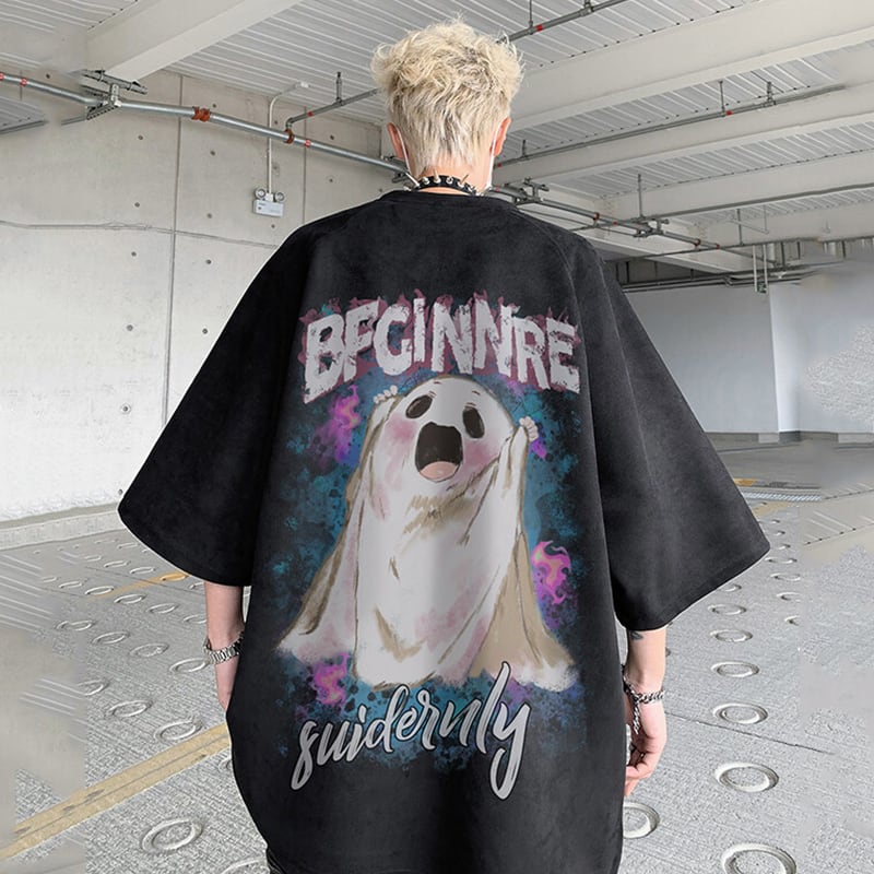 【KADISHOUシリーズ】カートゥーン 幽霊 スエード Tシャツ 男女兼用 大きいサイズ 4色 トップス