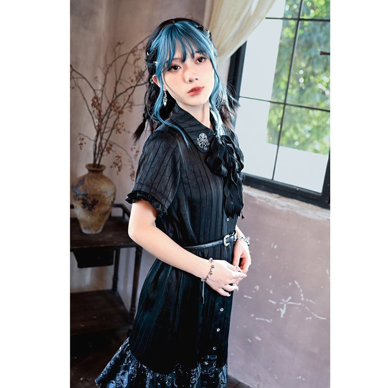 【古怪舍---藍眼淚シリーズ】チャイナ風半袖ワンピース 漢服 切り替えデザイン ブラック