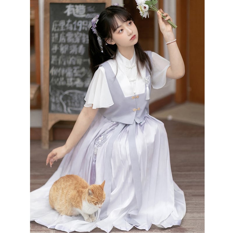 【浥城朝雨シリーズ】チャイナ風 セットアップ 2点セット ワンピース ベスト 改良漢服 半袖 可愛い