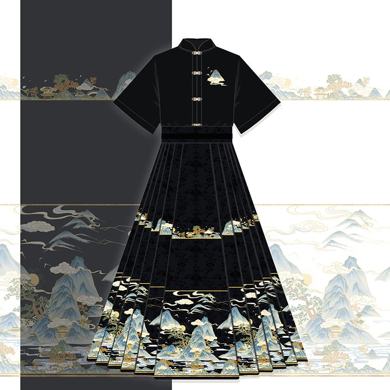 【喚初---明月松間照シリーズ】チャイナ風トップス 長袖 半袖 刺繍 中華服 シャツ 可愛い ブラック 黒色