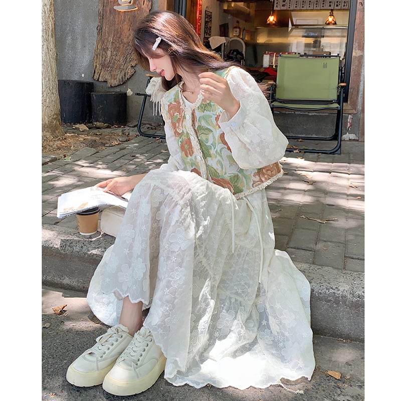 【MOBAIシリーズ】チャイナ風ワンピース 2点セット ワンピース&ベスト 花柄 レディース デート用 可愛い