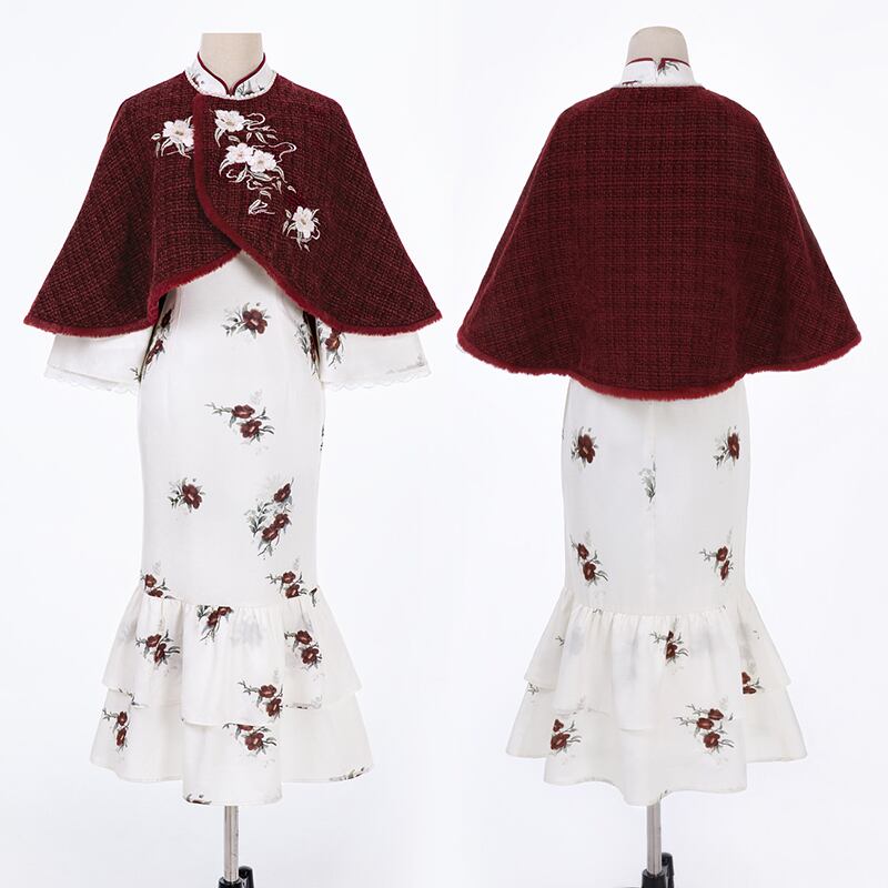 【塵煙雲夢---茶花曲シリーズ】チャイナ風 刺繍マント 中華服 プリント 可愛い ショート丈 レッド