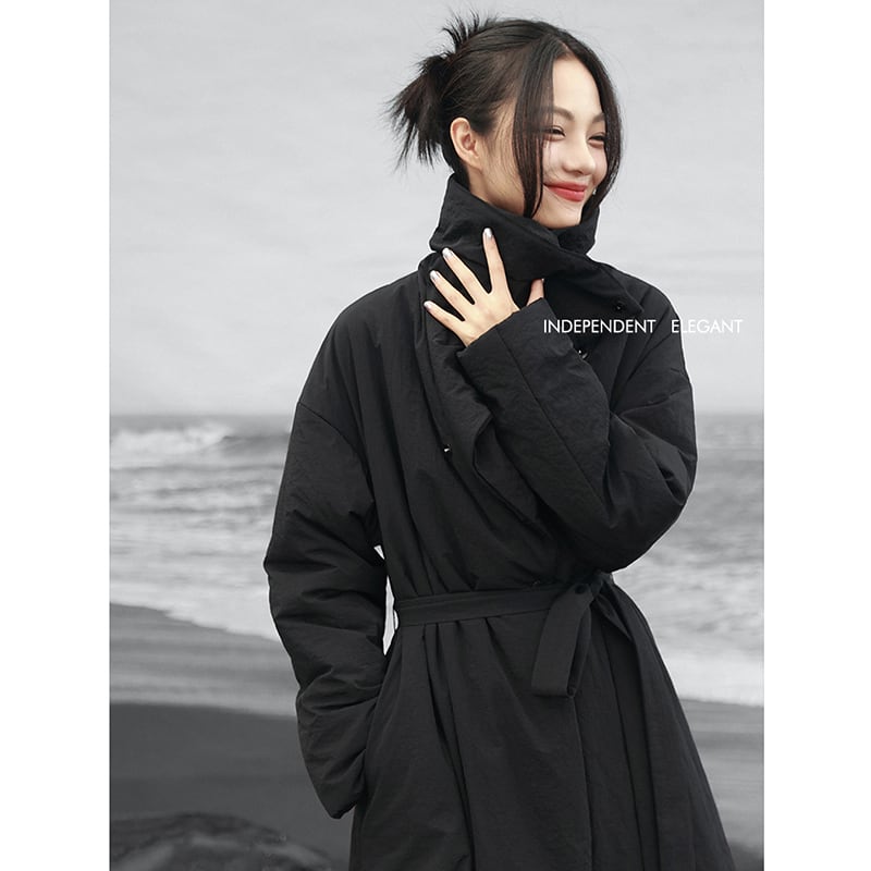 【大青龍肆シリーズ】チャイナ風コート 綿入り ブラック 冬服 暖かい ロング丈 レディース