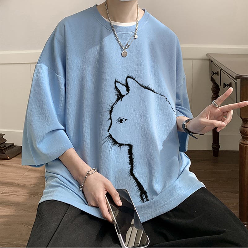 【CEXUシリーズ】3色展開 七分袖 Tシャツ 男女兼用 大きいサイズ 猫柄 黒 白 青