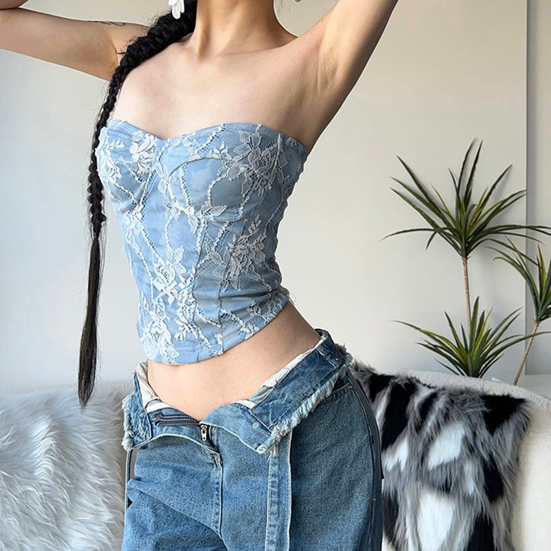【KLIOUシリーズ】トップス Tシャツ キャミソール 着痩せ セクシー 個性的 レース ミニ丈 ブルー 青