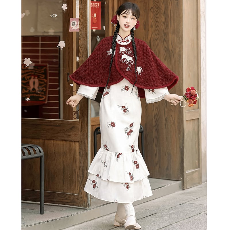 【塵煙雲夢---茶花曲シリーズ】チャイナ風 刺繍マント 中華服 プリント 可愛い ショート丈 レッド