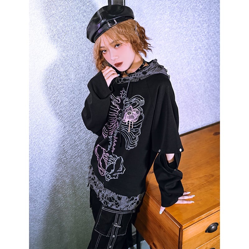 【古怪舍---花骨シリーズ】チャイナ風トップス パーカー 個性的 レトロ 切り替え 髑髏 おしゃれ メンズ レディース