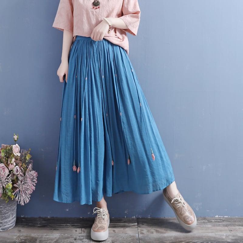 【清裊シリーズ】★チャイナ風スカート★ 6COLOR プリンジ 中華服 レトロ カジュアル ホワイト グリーン ブルー ブラック ピンク パープル - ChinChic