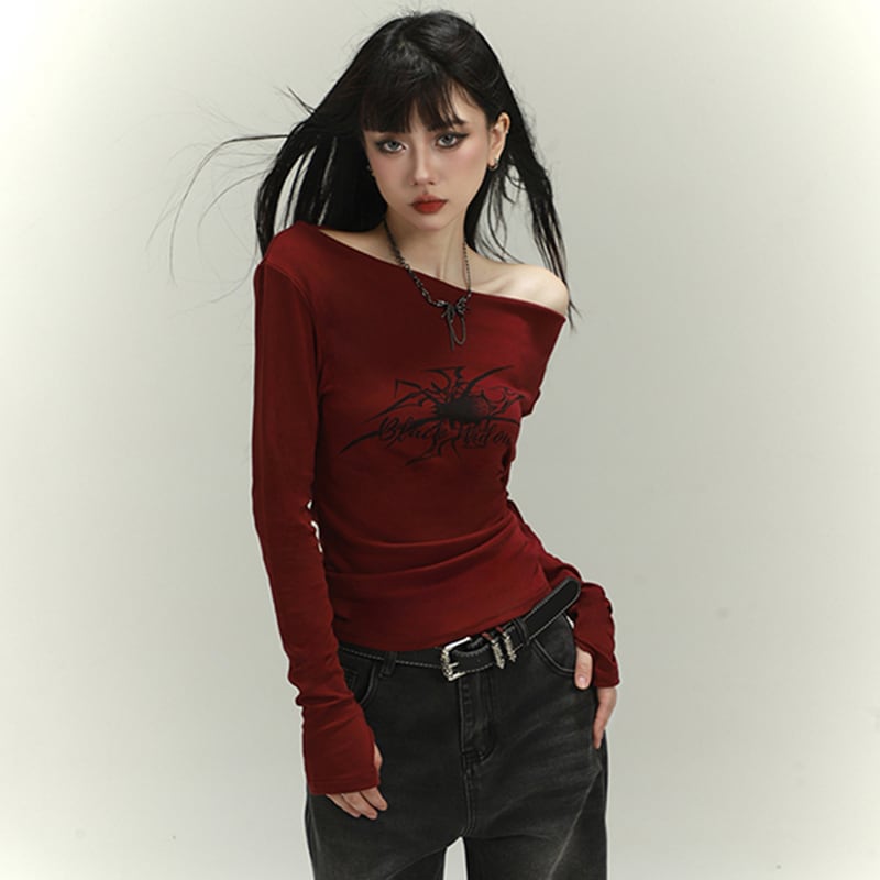 【LADYGHOSTシリーズ】オフショルダー セクシー トップス 個性的 ワインレッド 赤 着回ししやすい 公爵の服