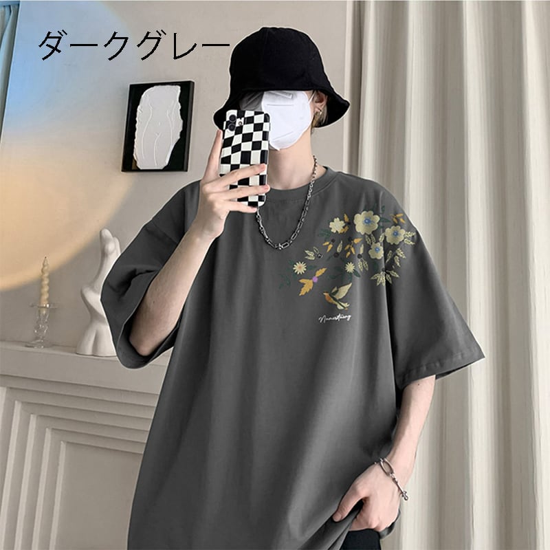 【KADISHOUシリーズ】チャイナ風トップス Tシャツ 半袖 男女兼用 大きいサイズ コットン 鳥 花柄 9色展開