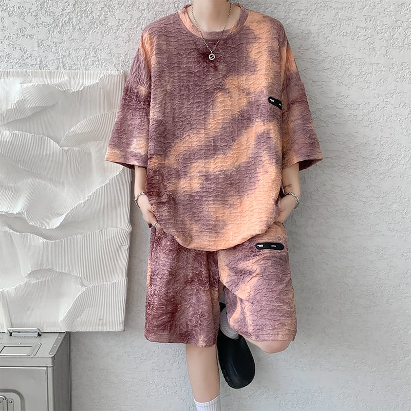 【ZHUIYIシリーズ】セットアップ Tシャツ 短パン 3色 男女兼用 大きいサイズ 絞り染め カジュアル