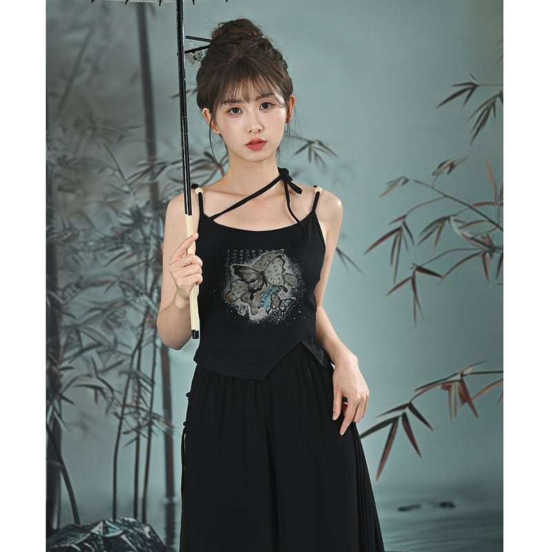 【森女部落---錦灰堆シリーズ】チャイナ風キャミソール タンクトップ プリント 蝶々 デザイン 夏服 個性的 ブラック