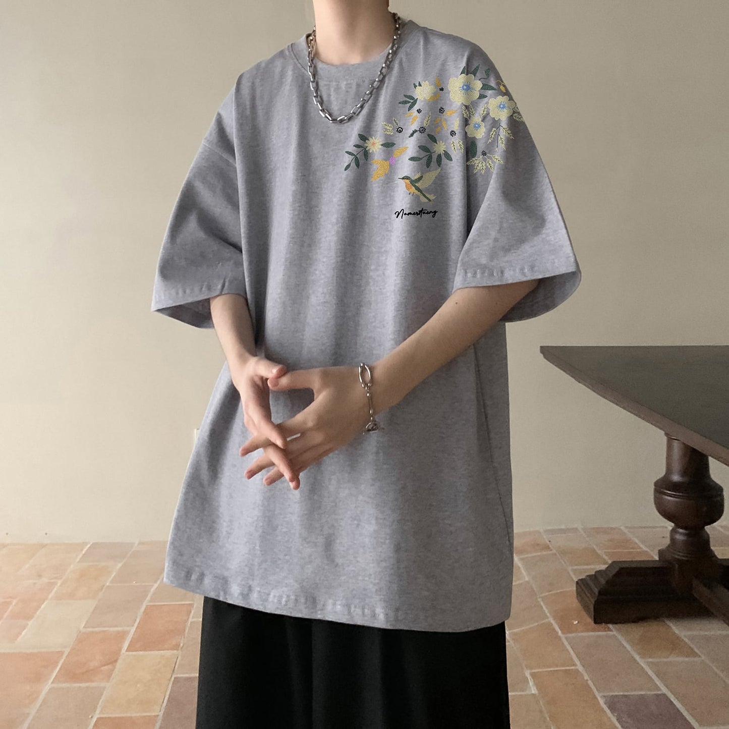 【KADISHOUシリーズ】チャイナ風トップス Tシャツ 半袖 男女兼用 大きいサイズ コットン 鳥 花柄 9色展開