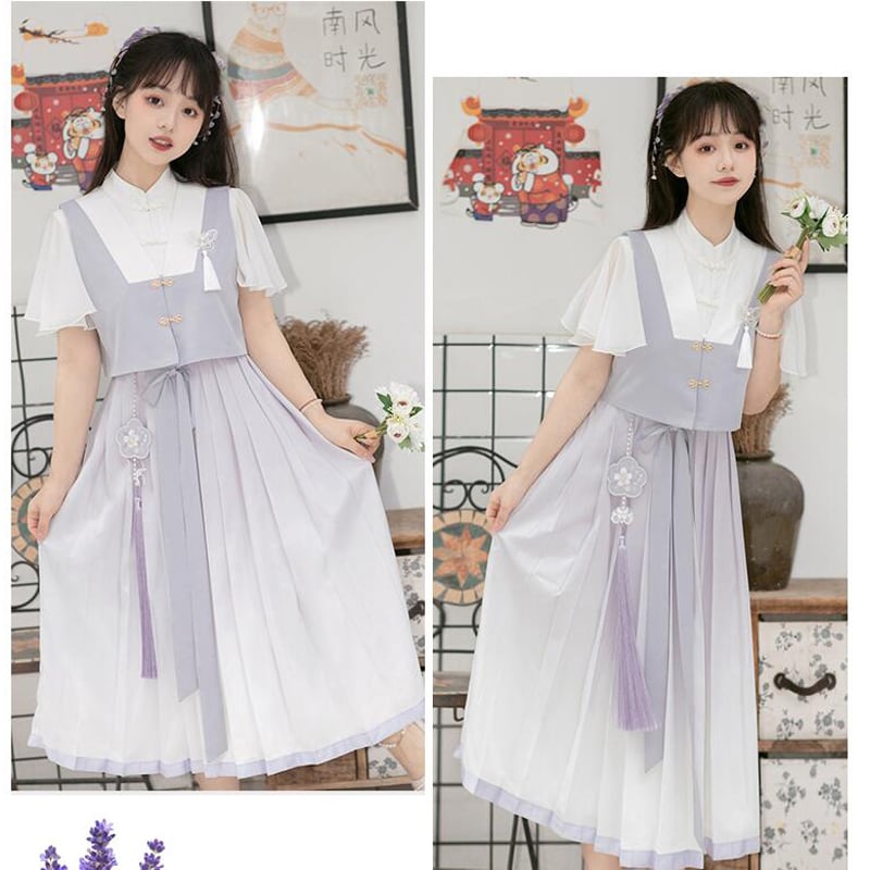 【浥城朝雨シリーズ】チャイナ風 セットアップ 2点セット ワンピース ベスト 改良漢服 半袖 可愛い