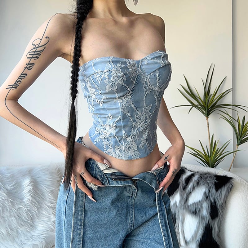 【KLIOUシリーズ】トップス Tシャツ キャミソール 着痩せ セクシー 個性的 レース ミニ丈 ブルー 青