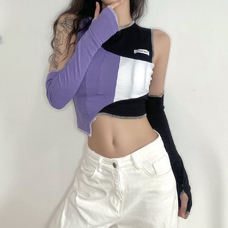 【KLIOUシリーズ】切り替えデザイン レディース Tシャツ おしゃれ セクシー ブラック パープル 不規則 トップス