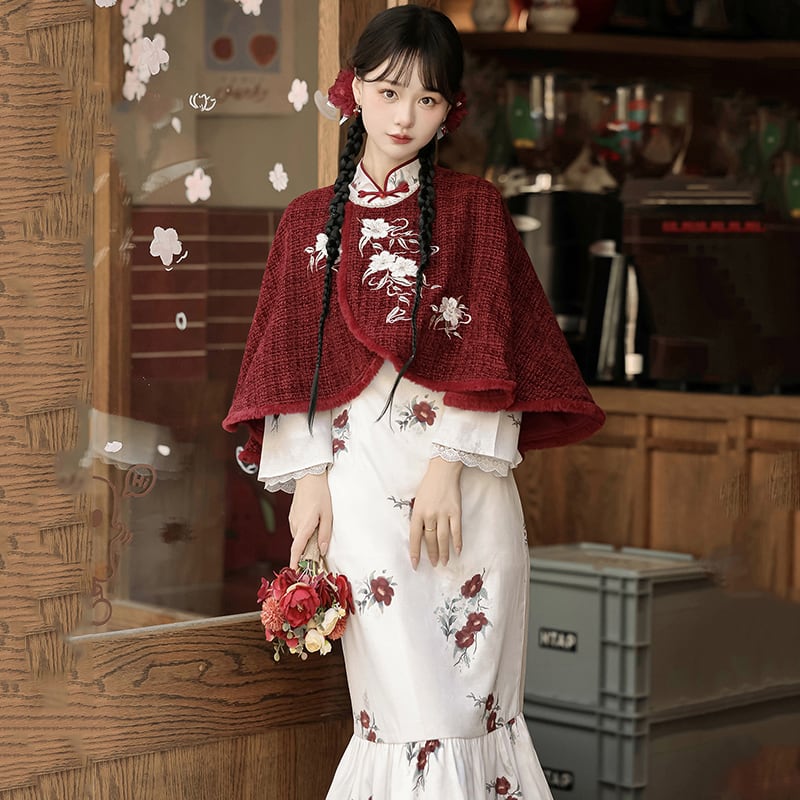 【塵煙雲夢---茶花曲シリーズ】チャイナ風 刺繍マント 中華服 プリント 可愛い ショート丈 レッド