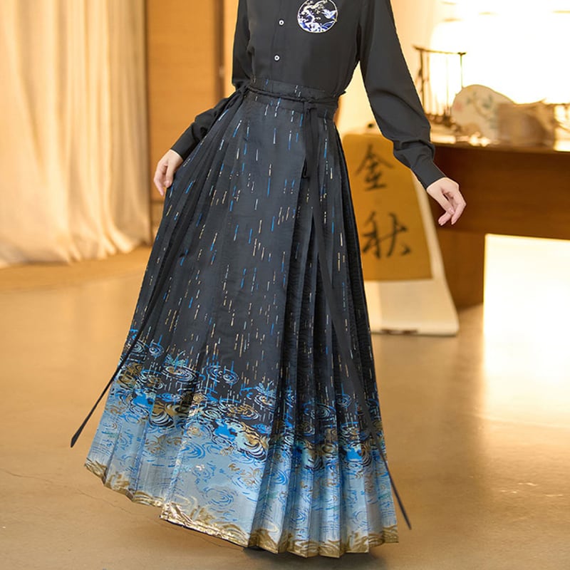 【BAIRIMENGシリーズ】チャイナ風 プリーツスカート 漢服 スカート 中華服 ブラック 黒色 ボトムス レディース フェミニン