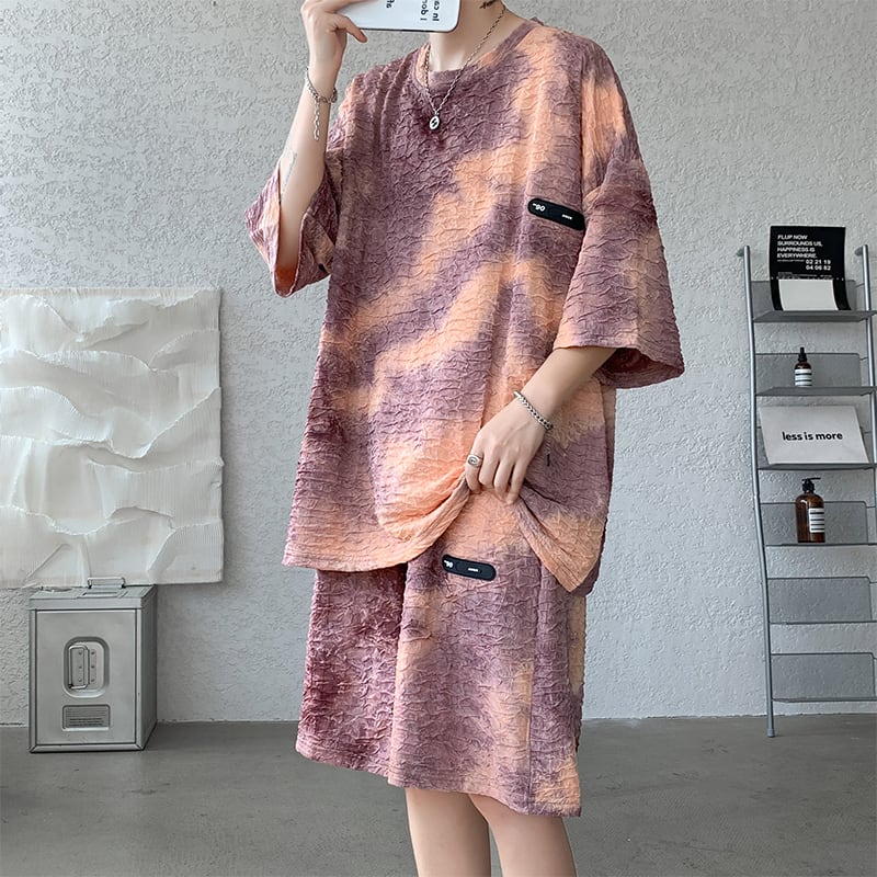 【ZHUIYIシリーズ】セットアップ Tシャツ 短パン 3色 男女兼用 大きいサイズ 絞り染め カジュアル