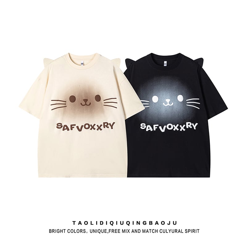 【逃離地球シリーズ】猫耳デザイン 半袖 Tシャツ 2色展開 レディース トップス 可愛い ねこ柄