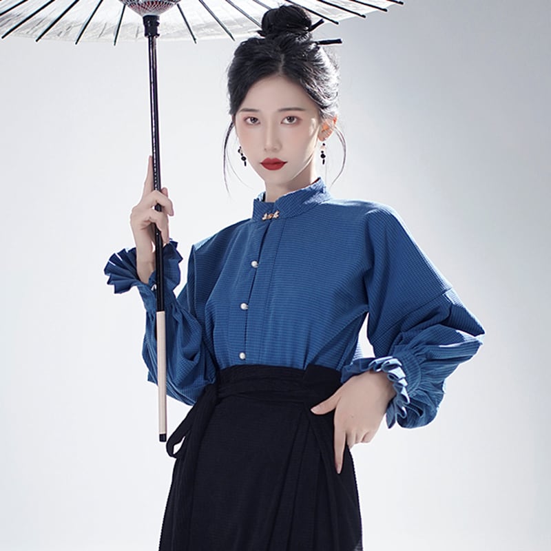 【WUJIAシリーズ】チャイナ風シャツ 長袖 トップス 気質アップ ブルー 青 合わせやすい S M L XL