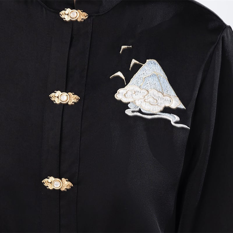 【喚初---明月松間照シリーズ】チャイナ風トップス 長袖 半袖 刺繍 中華服 シャツ 可愛い ブラック 黒色
